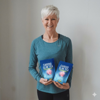 Woman sharing her experience using Cardio Slim Tea as part of her morning routine